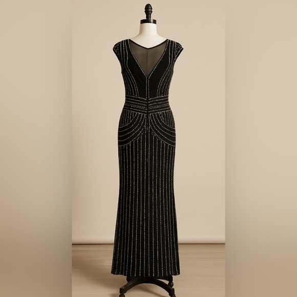 Parker Black Fully Beaded Art Deco Evening Gown Mesh Illusion Maxi Dress Size 4 - Picture 2 of 14